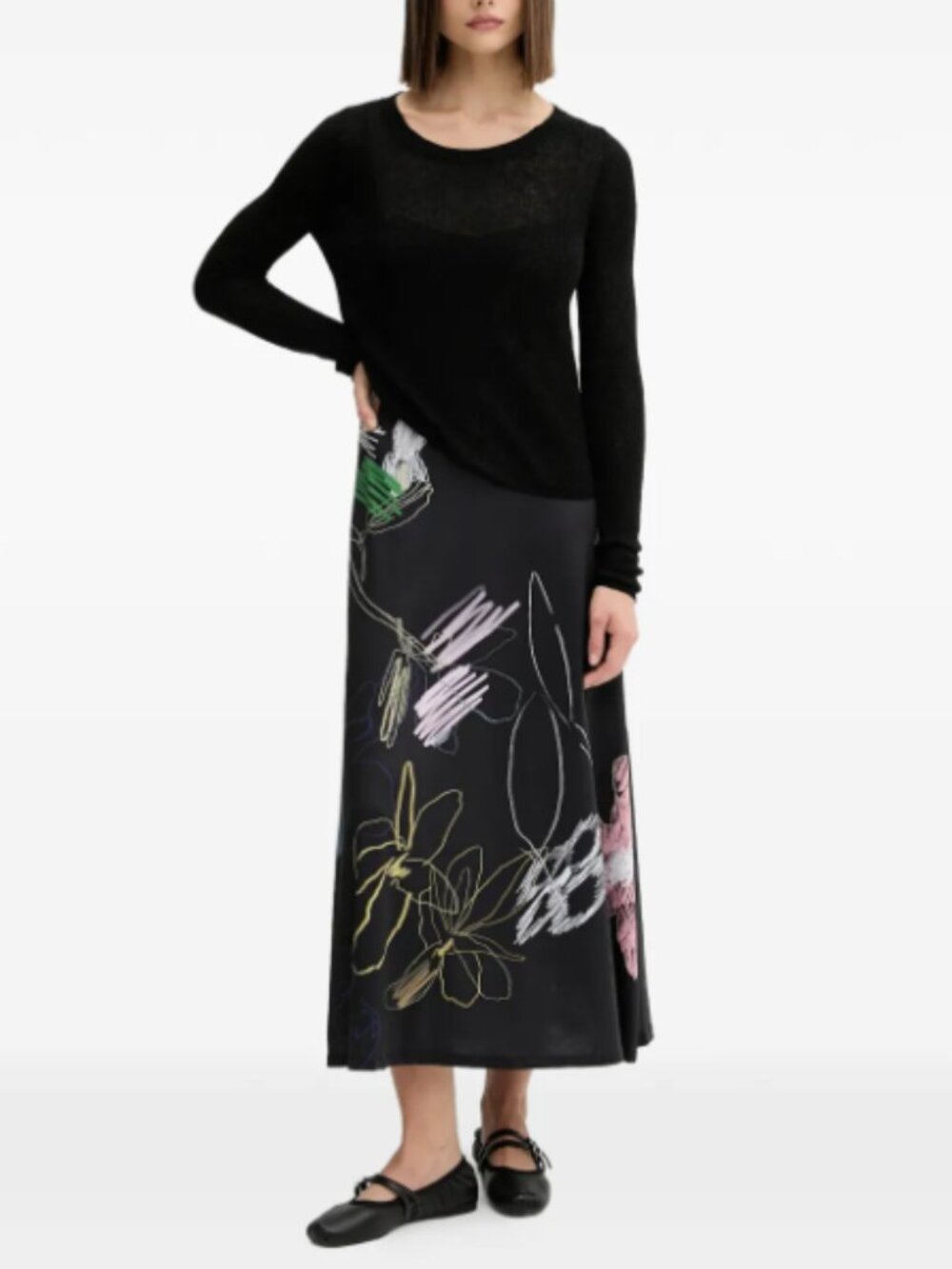 Desigual 2 in 1 Floral Print Slip Midi Dress – Black XL – Artistic Layered Dress